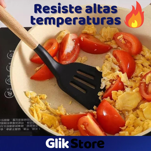 Set Kit X12 Utensillos De Cocina Silicona Mango Madera Rosa