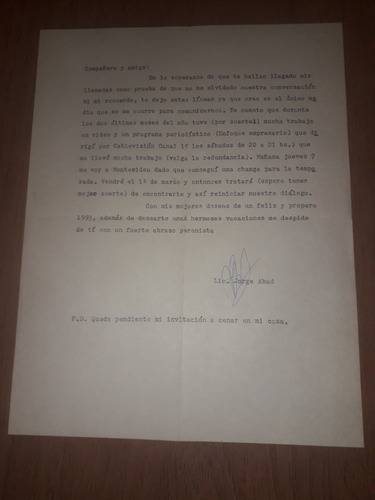 Antigua Carta De Jorge Abab Peronista Año 1993