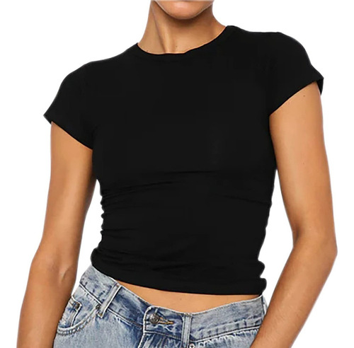 Top Casual Ajustado Para Mujer Con Cuello Redondo Y Mangas C