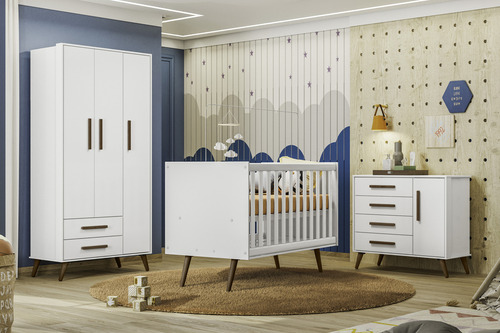 Conjunto Quarto Bebê Retrô Berço Com Colchão, Cômoda Guarda Roupa Cor Branco
