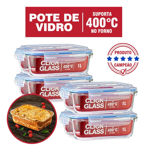 Kit Com 4 Potes De Vidro Click Glass Premium 100% Herméticos