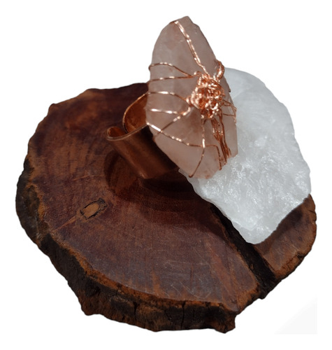 Anillo De Cobre Puro Con Piedra Natural Cuarzo Rosa 