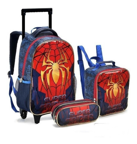 Kit Mochila Estojo E Lancheira Escolar Homem Aranha Spider Cor Azul