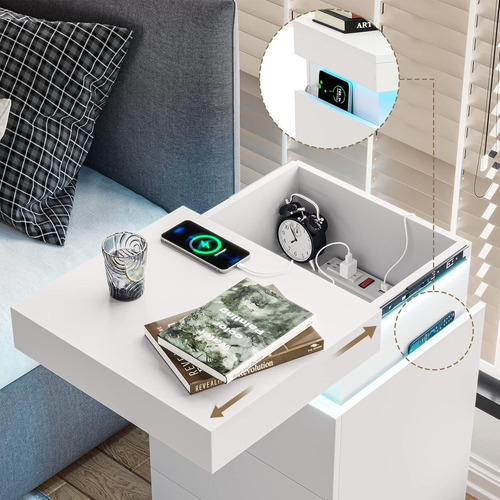 Mesita De Noche Con Carga Usb Y Luces Led Mate Blanco
