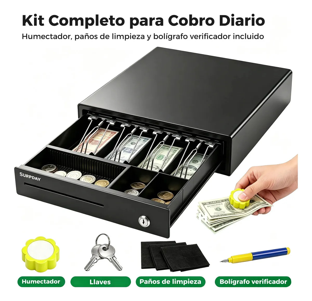 Cajón de Dinero Metálico SurpDay para Punto de Venta con 4 Divisiones de Billetes y 3 de Monedas