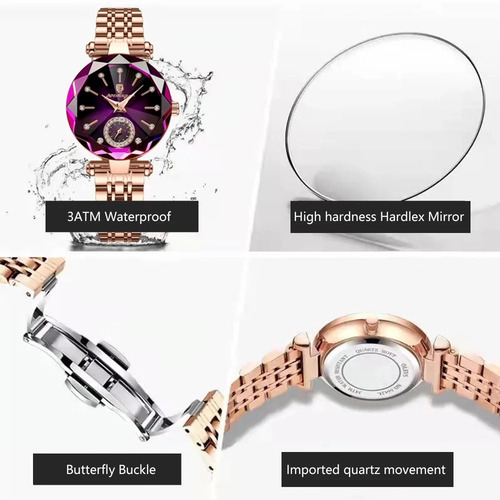 Reloj Poedagar de cuarzo de lujo con diamantes para mujer, correa cian, color oro rosa y bisel, color oro rosa