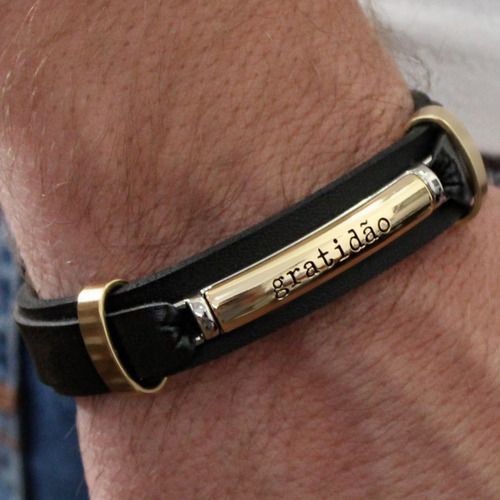 Pulseira Executiva Masculina Couro Gratidão Banhada Ouro 18k