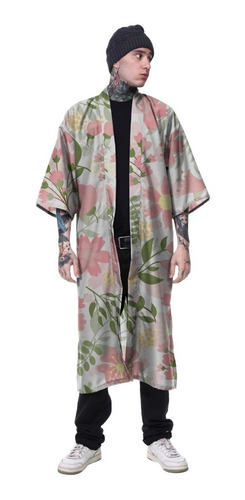 Kimono Haori Longo Floral Sakura Japão Rosas Gold Hype Trap