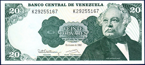 Billete 20 Bolívares K8 Diciembre 8 1992 José Antonio Páez
