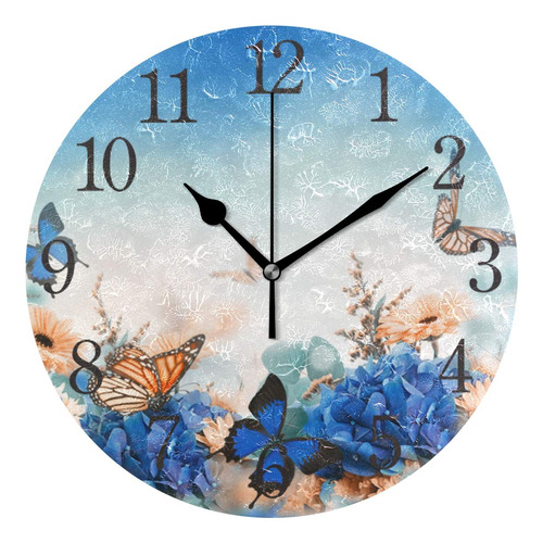 Reloj Pared Diseño Mariposa Flor Azul Silencioso No Hace