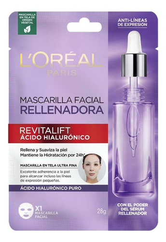 L'oréal Paris Mascarilla Facial Ácido Hialurónico, 1 Pza Tipo de piel Normal