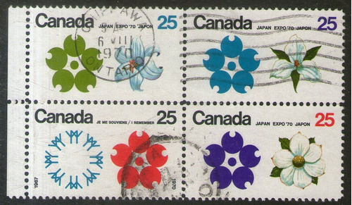  Canadá Cuadro X4 Sellos Flores = Expo Filatelia Osaka 1970 