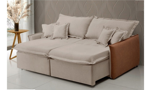 Sofa Cama Retrátil E Reclinável 2 Mts Duplo Molejo Bege Liso/linho