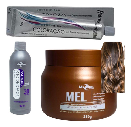  Kit Tinta De Cabelo Profission 1 Coloração 1 Ox 1 Matiz 250g Tom Mel