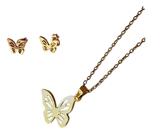 Set De Collar Y Aretes De Mariposas - Oro Laminado 14k