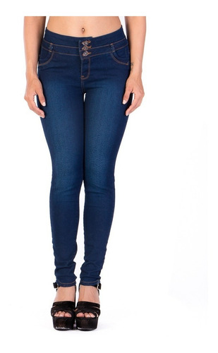 Jeans Azul Tres Botones Frente, Pretina Ancha Con Fracciones