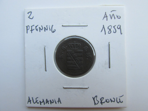 Antigua Moneda Alemania 2 Pfennige Bronce Año 1859 Escasa