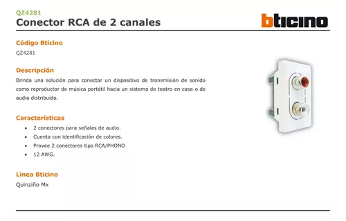 Bticino México  Conector RCA 2 canales audio