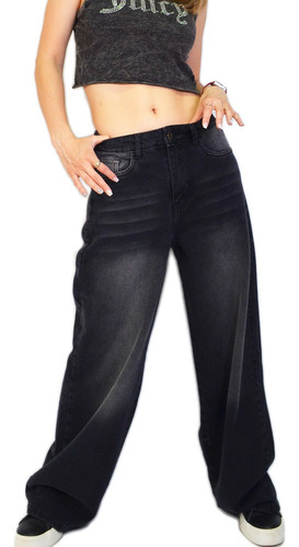 Jean Gris Oscuro Tendencia Pantalon Ancho Tiro Alto Mujer 