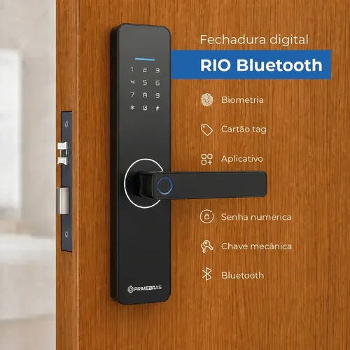 Fechadura Digital Biométrica Primebras Rio P6005 com Bluetooth, Cor Preta, Acesso por Impressão Digital, Controle Inteligente, Segurança Residencial, Design Moderno e Prático para Casas ou Escritórios