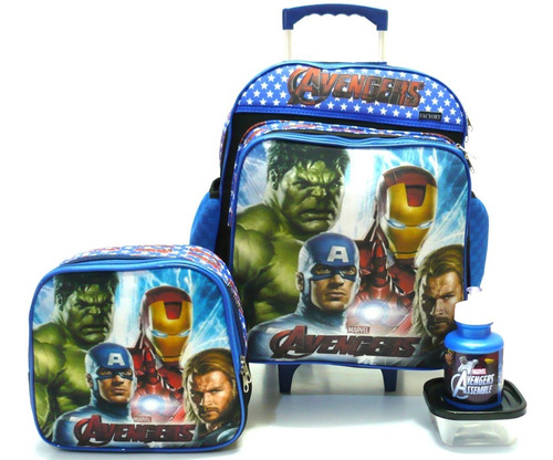 Kit Mochila Vingadores Avengers Rodinhas G + Lancheira F4