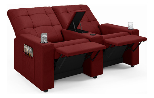 Poltrona Reclinável 2 Lugares Baú Usb Haifa Veludo Vermelho