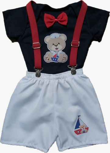 Roupa Para Bebê Conjunto Suspensório Ursinho Marinheiro Azul