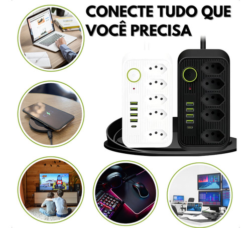 Extensão 5 Tomadas 4 Usb 1 Tipo C Pd Led Bivolt 110v 220v 2m