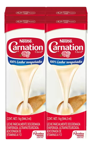 Leche Evaporada Carnation Clavel Nestlé 4 Pzas De 944.3 Ml