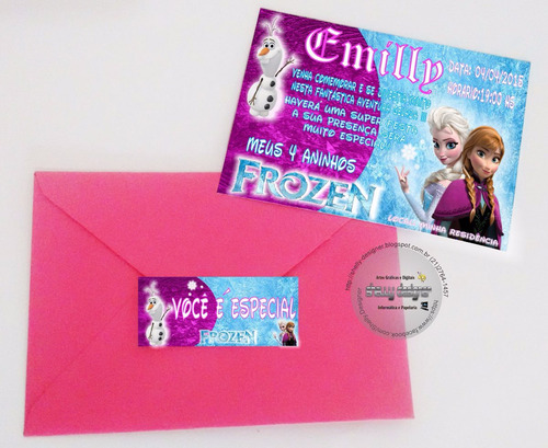 Imagem 1 de 5 de Convite Tamanho10x7 Frozen C/etiqueta + Envelope Colorido