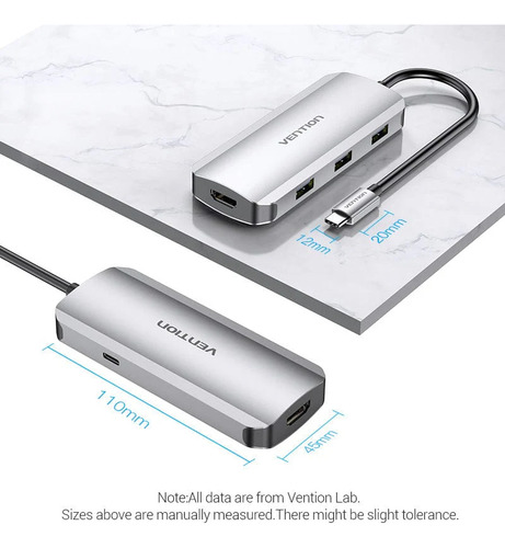Hub USB Multipuerto Vention - 5 en 1 - Usb C A HDMI + 3 Puertos Usb 3.0 + Power delivery USB C 100W - 4K 30Hz - Carcasa Aluminio - 15 CM - Premium Para Teclado / Disco rigido / Mac / Laptop - TODHB