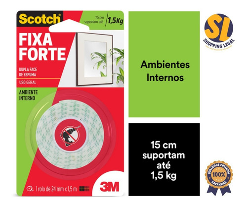 Imagem 2 de 5 de Fita Dupla Face Fixa Forte P/ Quadro Espelho 24mmx1,5m 3m