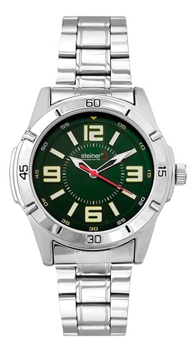 Reloj Análogo Para Caballero Steiner 42mm Acero Inoxidable Correa Plateado Bisel Plateado Fondo Verde