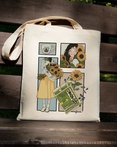 Tote Bag Tela Lienzo Estampado - Entre Girasoles 40 X 35cm Beige Entre Flores De Girasoles