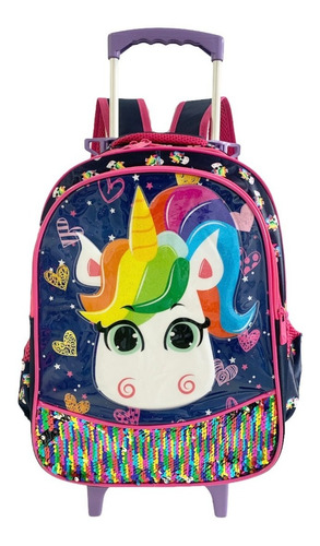 Imagem 2 de 10 de Kit Mochila Infantil Unicórnio Paetê Mágica Rodinha G Yepp