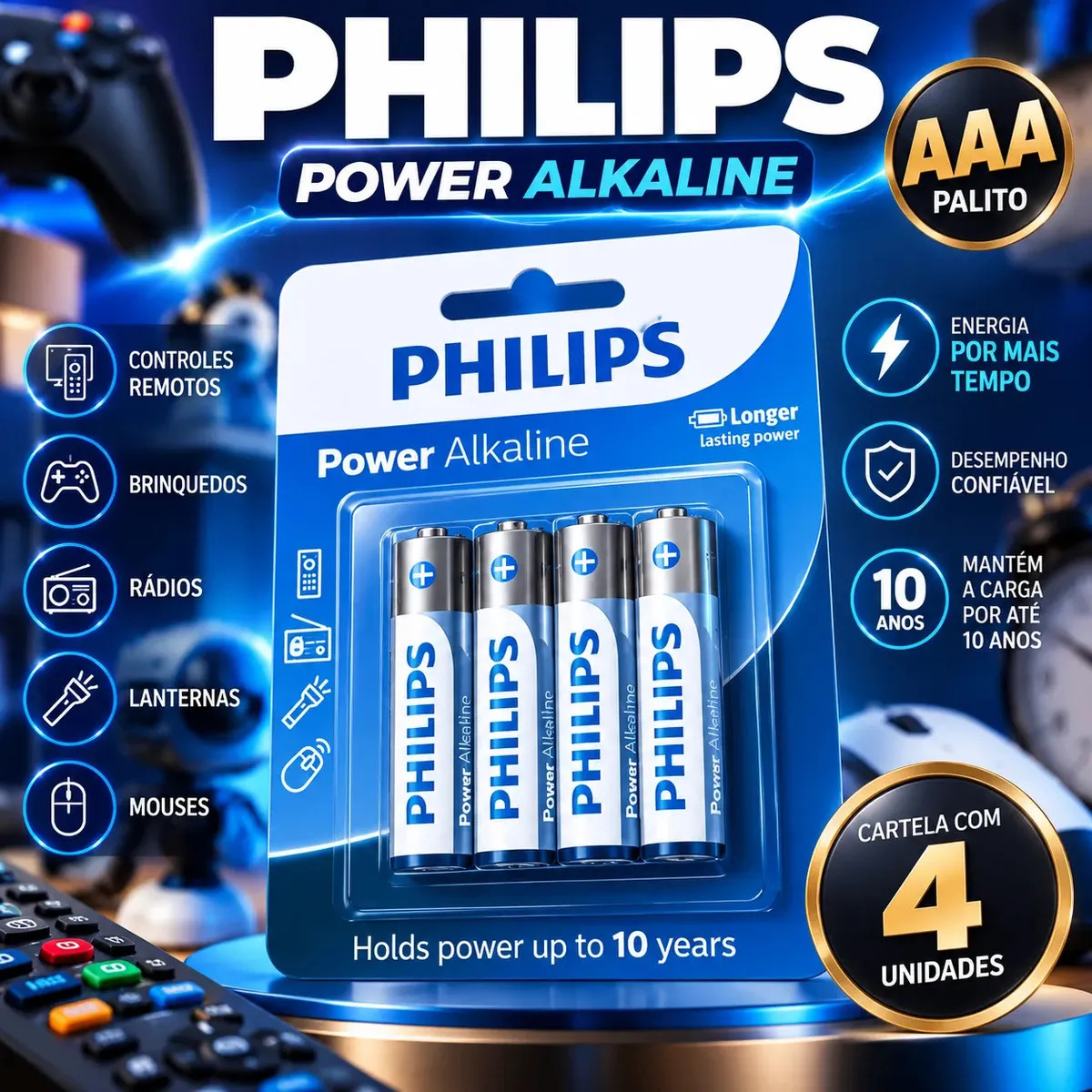 Pilha Philips Power Alkaline AAA Palito 1.5V Cartela C/4 Unidades Original