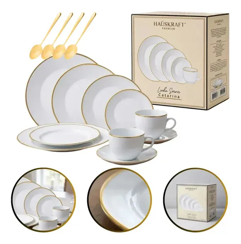 Aparelho De Jantar 20 Peças Hauskraft Premium Catarina Branco Borda Dourada Mesa Posta + Brinde 4 Colheres  De Chá Café Douradas