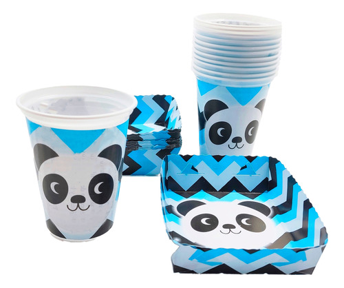 Kit 12 Vasos 12 Platos Decorativos Panda Azul