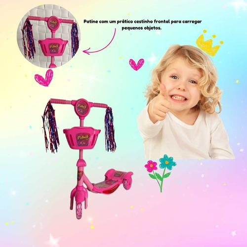 Patinete Infantil Menina Musical 3 Rodas Com Cestinho Luzes