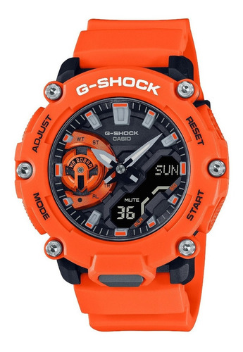 Relógio de pulso Casio G-Shock GA-2200M com corpo laranja,  analógico-digital, fundo  preto, com correia de resina cor laranja, agulhas cor cinza, preto e prateado, subdials de cor cinza e laranja, subesferas cor laranja e preto, ponteiro de minutos/segundos cinza, bisel cor laranja, luz branco e fivela simples