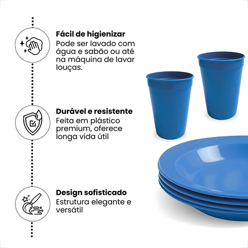 Kit Refeição 4 Pratos + 4 Copos 350ml Para Merenda Cozinha