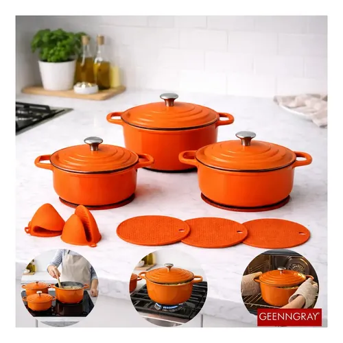 Jogo 3 Panelas Caçarola Cerâmica Com Tampa Antiaderente Indução Forno Brinde 2 Pegadores + 3 Descansos De Panela De Silicone Laranja Geenngray