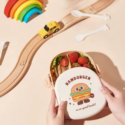 Lunchera Vianda Tupper Infantil Kawaii Con Cubiertos Chufi Base Beige Vianda Hamburger