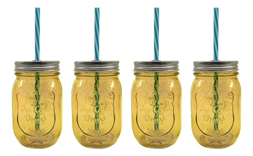 24 Vasos Mason Jar Con Tapa Y Popote 470 Ml Mayoreo Grabado Color Amarillo