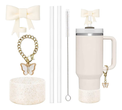 Kit De 6 Artículos Para Termo Vaso Stanley O Generico Blanco Brillo Dorado