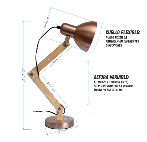 Imagen 5 de 7 de Lampara De Mesa Escritorio Brazo Flexible Base Fija Cobre