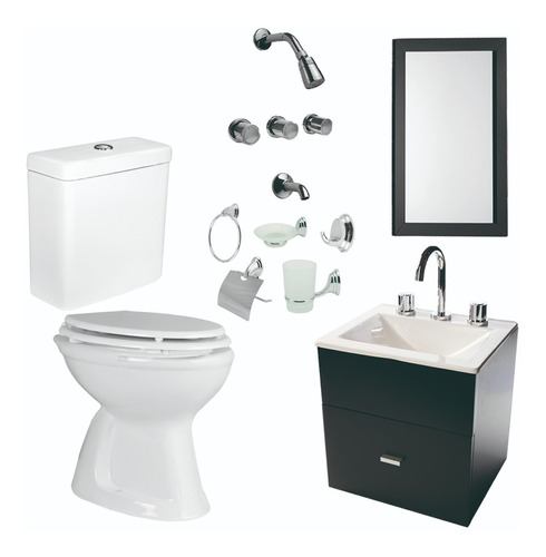 Baño Set 5 Plz Inodoro Deposito Vanitory Negro 40cm Grifería