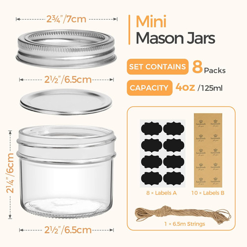 Comsaf Mini Mason Jars 4oz - 8 Pack, Regular Mouth Mason ...