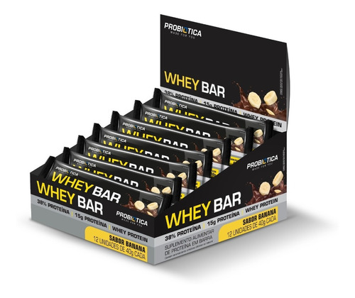 Suplemento em barra Probiótica  Whey Bar proteínas Whey Bar sabor  banana em display de 480g 12 un