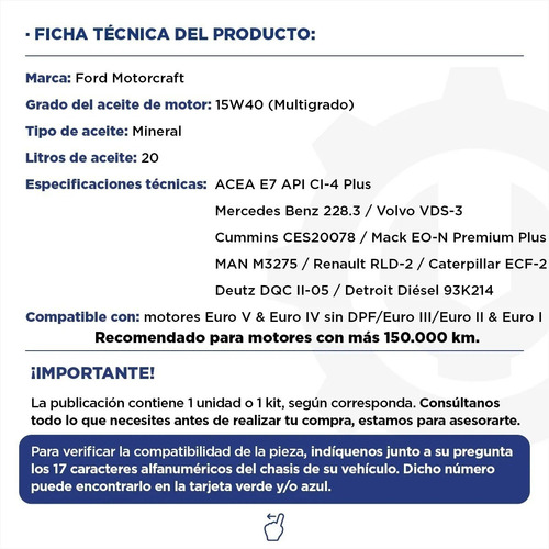 Imagen 2 de 9 de Aceite Ford Motorcraft 15w40 Mineral Motores Diesel X 20 Lts